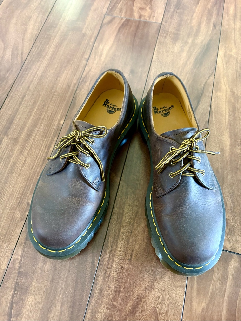 Dr. Martens Brown Leather 3-Eye Derby with Yellow Stitching